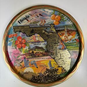 Vintage Florida Map Souvenir Litho Metal Drink Serving Tray Ken Haag Artwork